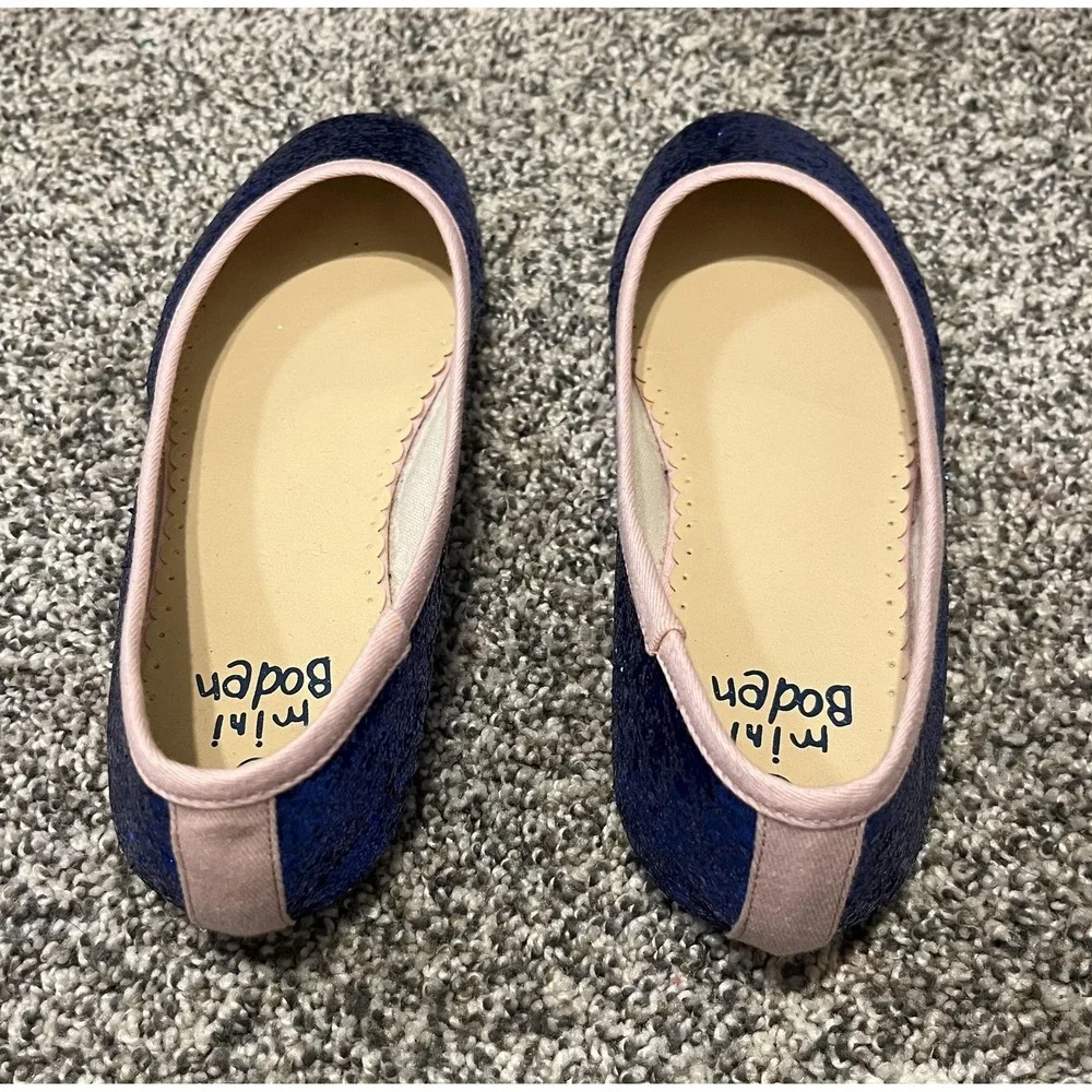 Mini Boden Shoes Girls Size 6.5 Blue Glitter Ballet Flats Pink‎ Trim Party